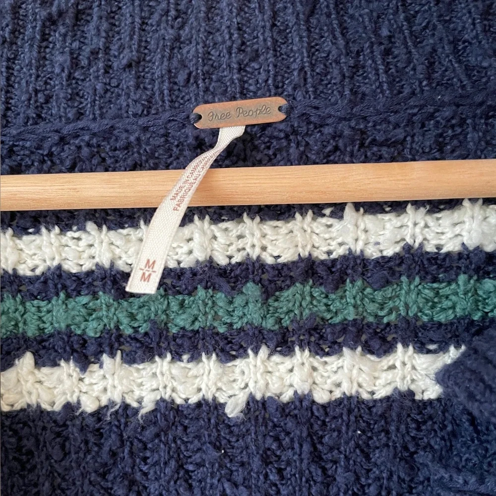 Free People Navy V-Neck Striped Sweater with Pink, Green & White Accents